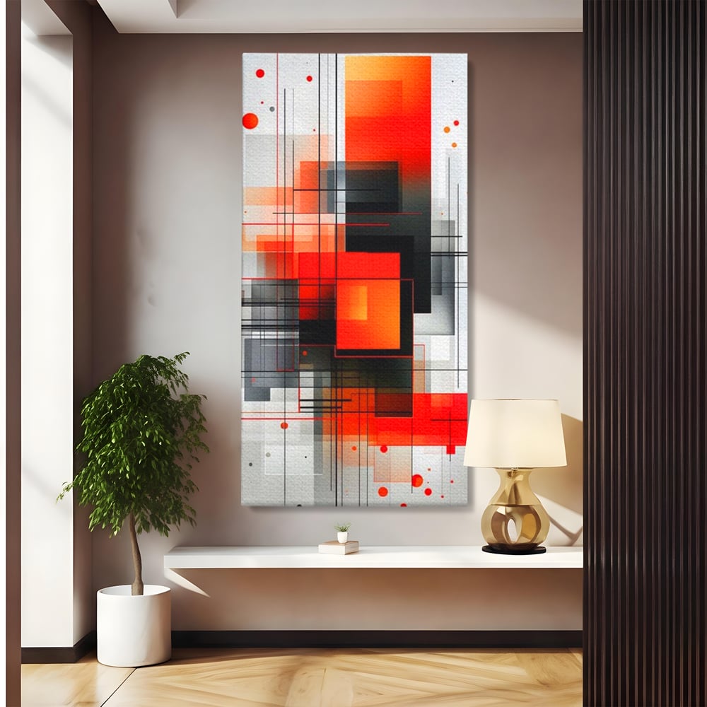 Tablou canvas cu tablou abstract vertical cu linii si forme rosii, fara rama, pe sasiu de lemn
